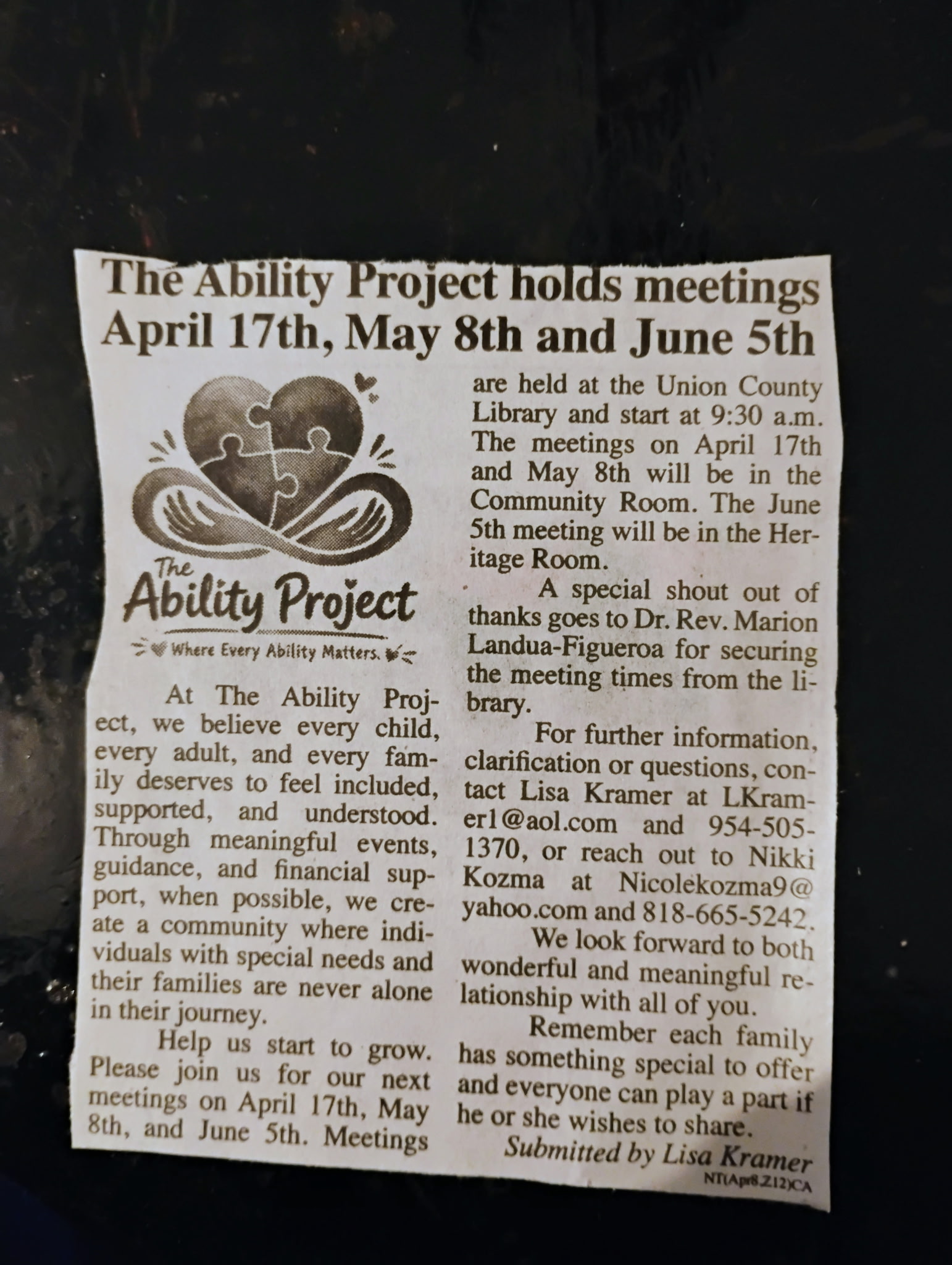 The Ability Project Holds Meetings April 17th, May 8th, and June 5th